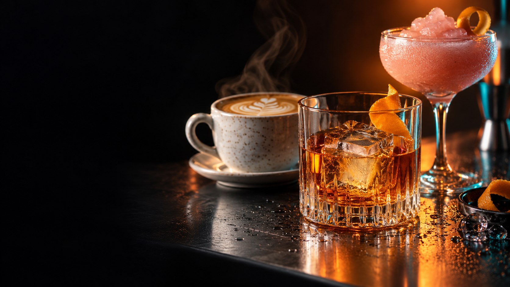 Editorial still life of amber, coffee and frozen drinks